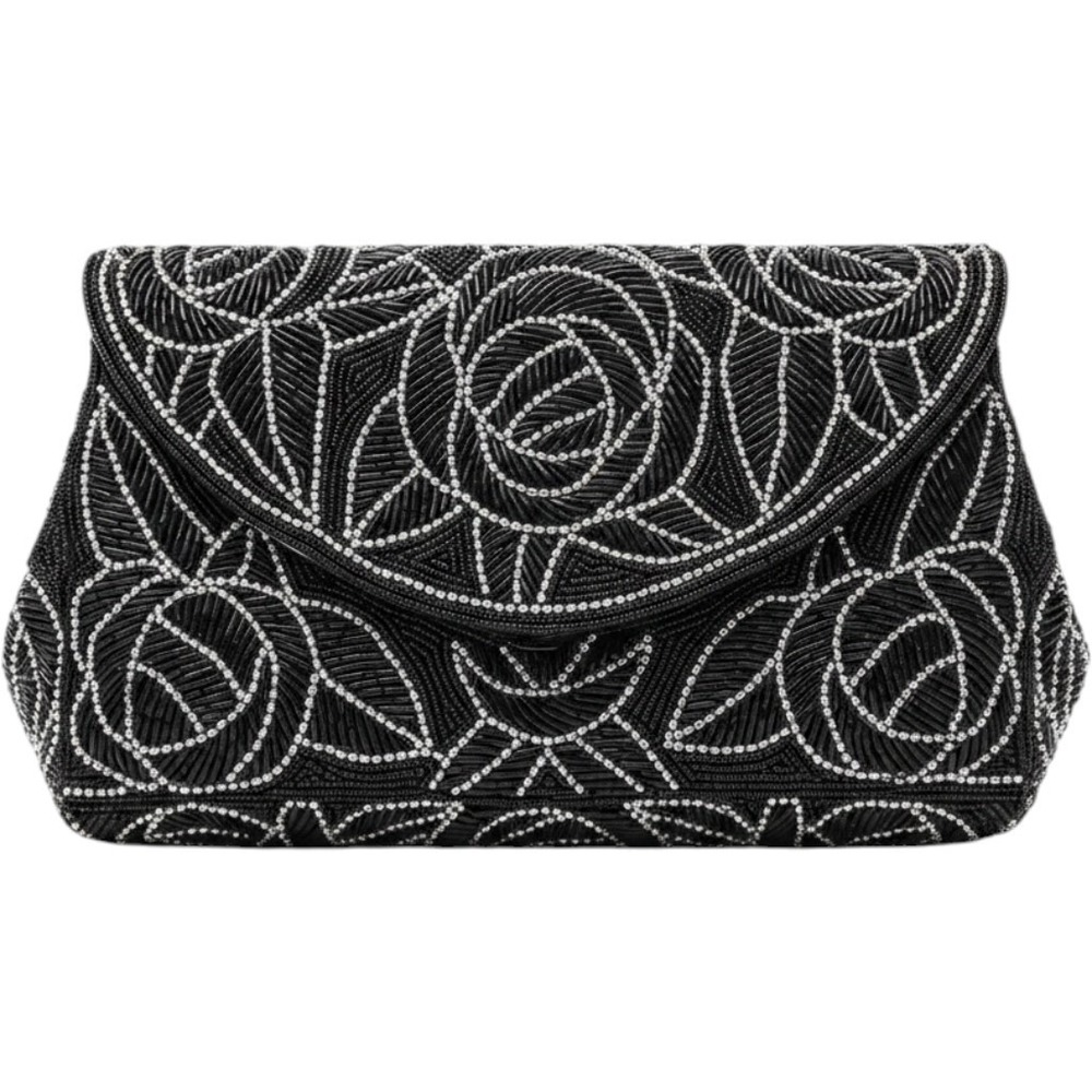 Vintage Style Black Beaded Rose Floral Evening Clutch Bag Wedding Formal Handbag